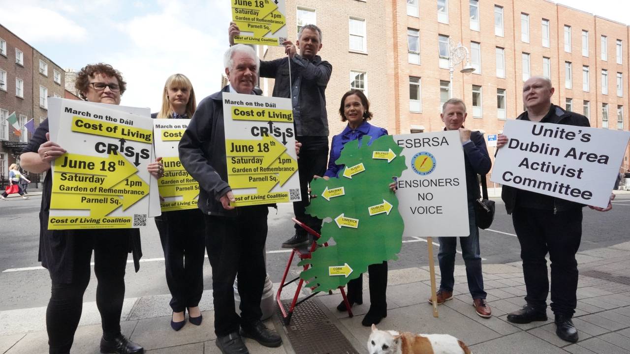 Fr Peter McVerry (centre left) Richard Boyd Barrett of Solidarity - People Before Profit (centre) and Sinn Fein's President Mary Lou McDonald (centre right) at a Cost of Living rally outside Leinster House in Dublin. Picture date: Wednesday June 15, 2022. (Photo by Niall Carson/PA Images via Getty Images)