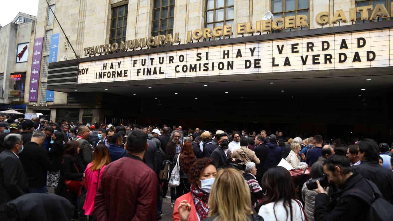 BOGOTA, COLOMBIA - JUNE 28: Hundreds of people attend the delivery of the final report of the Truth Commission at the Jorge Eliecer Gaitan Theater in Bogota, Colombia, on June 28, 2022. The commission is a body in charge of discovering and reveal past wrongdoing by a government, hoping to resolve conflicts left in the past. According to the president of the commission, Father Francisco de Roux, it is a document with "inconvenient truths" and a message to stop the conflict. (Photo by Juan David Moreno Gallego/Anadolu Agency via Getty Images)