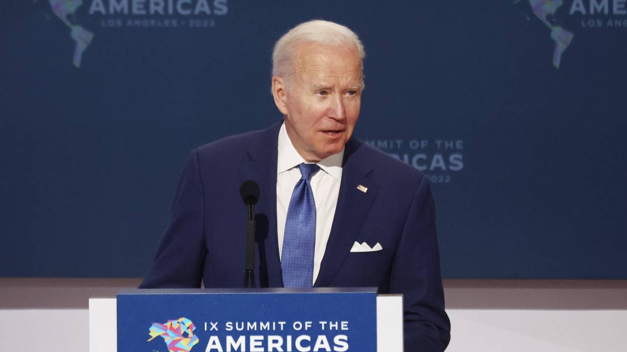 LOS ANGELES, CALIFORNIA - JUNE 09: U.S. President Joe Biden speaks during the Opening Plenary of the IX Summit of the Americas at the Los Angeles Convention Center on June 09, 2022 in Los Angeles, California. Leaders from North, Central and South America traveled to Los Angeles for the summit to discuss issues such as trade and migration. The United States is hosting the summit for the first time since 1994, when it took place in Miami. (Photo by Mario Tama/Getty Images)