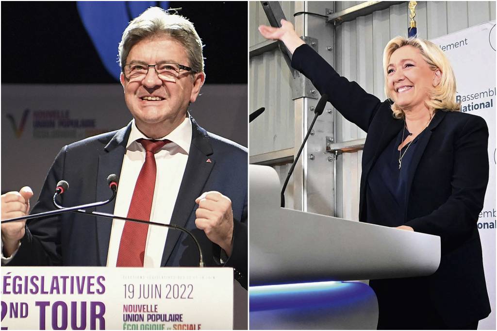 MELENCHON_32CT7M3.jpg RINDO À TOA - Mélenchon, da esquerda, e Le Pen, da direita: triunfo inesperado -