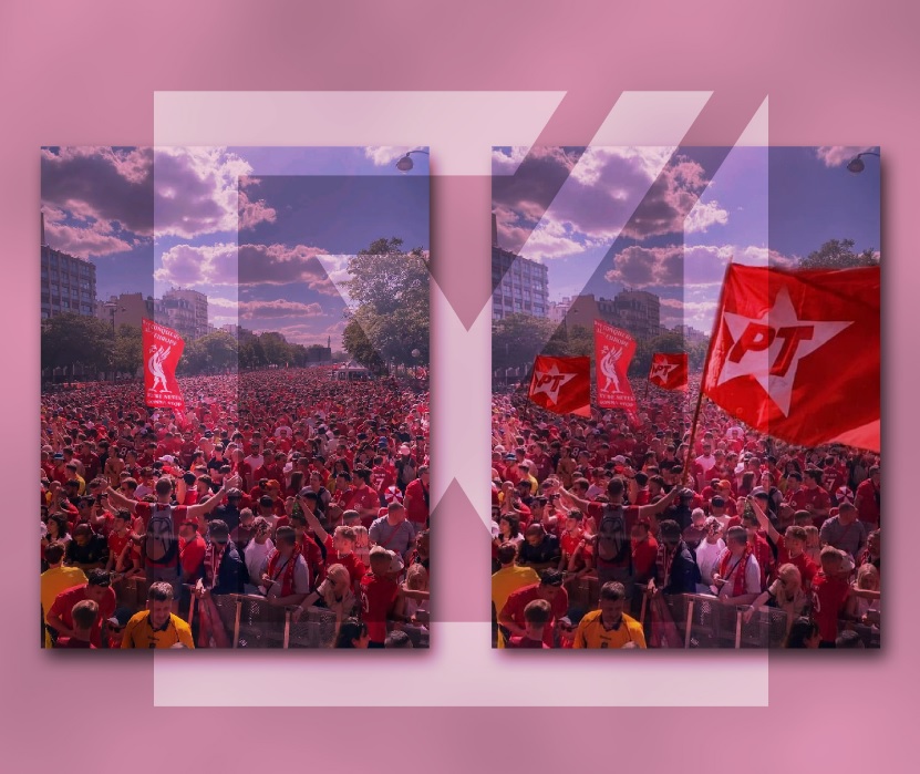 Imagem de torcida do Liverpool com bandeiras do PT é sátira