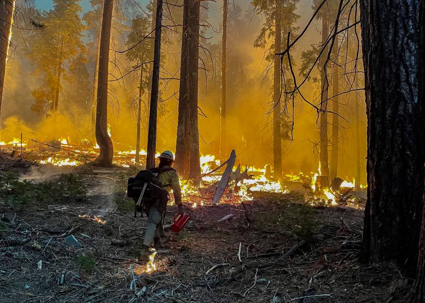 Bombeiro combate fogo próximo da entrada sul do Parque Nacional de Yosemite, Califórnia, em 11/07/2022. Bombeiro combate fogo próximo da entrada sul do Parque Nacional de Yosemite, Califórnia, em 11/07/2022.