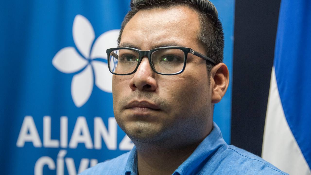 06 July 2021, Nicaragua, Caracas: Yubrank Suazo, Freud of jailed student leaders Aleman and Jerez, attends a press conference. Photo: Str/dpa (Photo by Str/picture alliance via Getty Images)