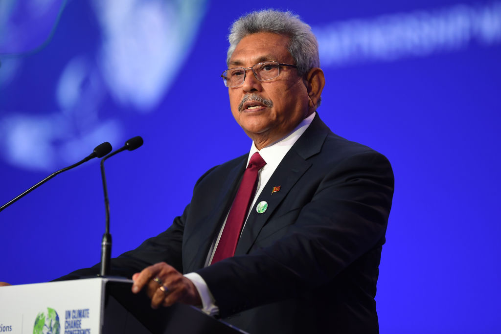 GLASGOW, SCOTLAND - NOVEMBER 01: Sri Lanka President Gotabaya Rajapaksa presents his national statement during day two of COP26 at SECC on November 1, 2021 in Glasgow, United Kingdom. 2021 sees the 26th United Nations Climate Change Conference. The conference will run from 31 October for two weeks, finishing on 12 November. It was meant to take place in 2020 but was delayed due to the Covid-19 pandemic. (Photo by Andy Buchanan - Pool/Getty Images)