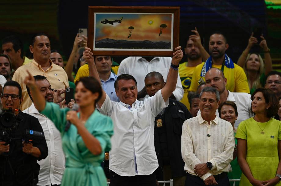 O presidente Jair Bolsonaro, durante o lançamento de sua candidatura `a reeleição para presidente da República, durante a convenção nacional do Partido Liberal (PL),  realizada no ginásio do Maracanãzinho no Rio de Janeiro, em 24/07/2022.