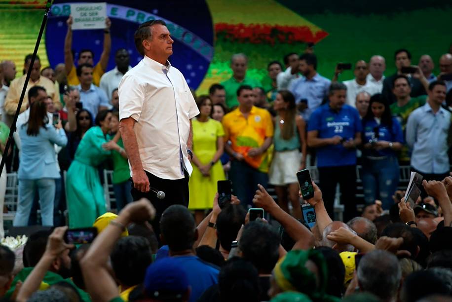 O presidente Jair Bolsonaro, durante o lançamento de sua candidatura para a reeleição `a presidente da Reupública, durante a convenção nacional do Partido Liberal (PL),  realizada no ginásio do Maracanãzinho no Rio de Janeiro, em 24/07/2022.