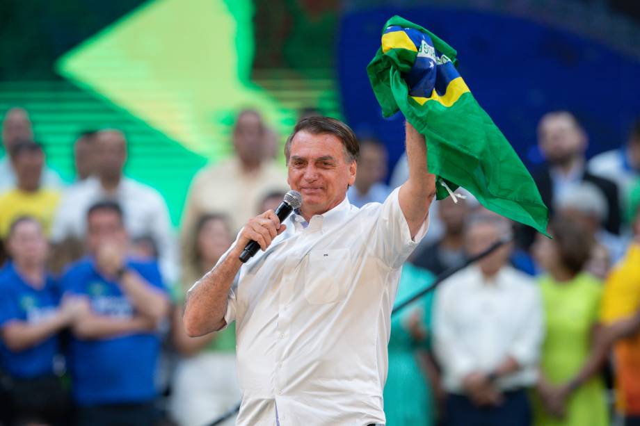 O presidente Jair Bolsonaro, durante o lançamento de sua candidatura `a reeleição para presidente da República, durante a convenção nacional do Partido Liberal (PL),  realizada no ginásio do Maracanãzinho no Rio de Janeiro, em 24/07/2022.