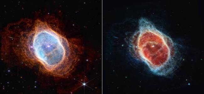 anel sul Duas câmeras a bordo do Webb capturaram a imagem mais recente desta nebulosa planetária, catalogada como NGC 3132, e conhecida informalmente como Nebulosa do Anel Sul. Está a aproximadamente 2.500 anos-luz de distância