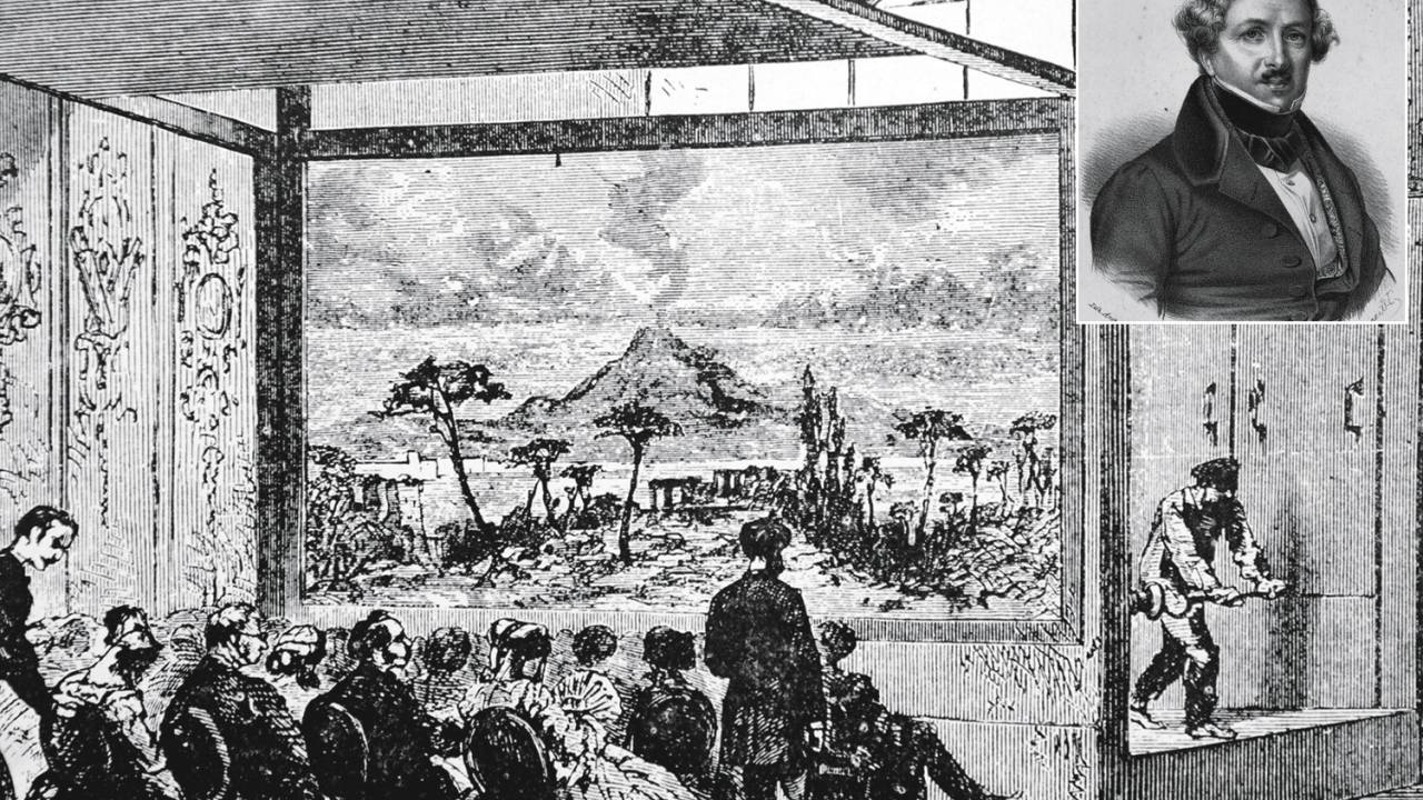 ESPANTO - O cenógrafo e físico Daguerre (acima) e o teatro parisiense, sempre lotado: a ideia é levar a experiência a Londres -