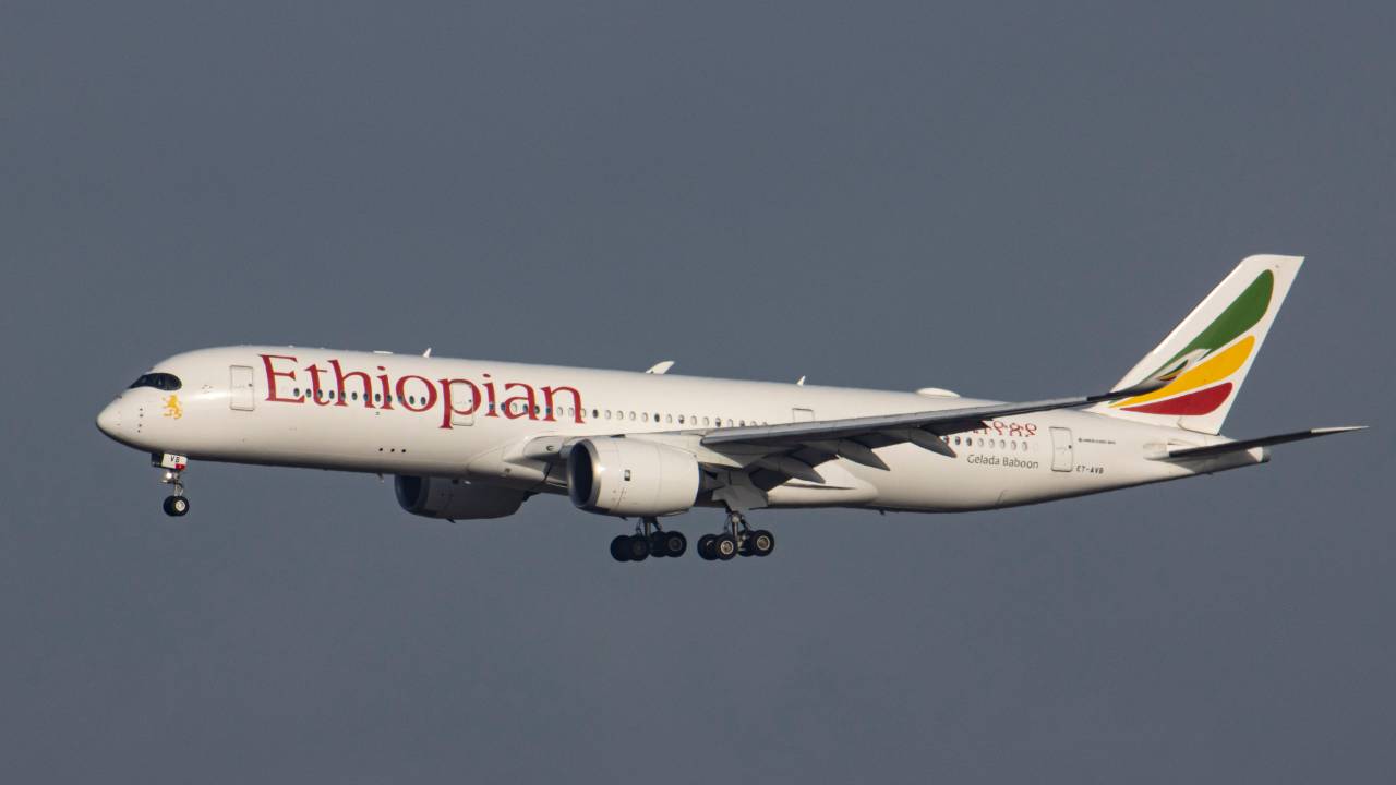 Ethiopian Airlines Airbus A350 wide-body aircraft as seen flying on final approach for landing at Brussels Airport Zaventem BRU. The arriving commercial jet plane is carrying passengers and cargo from the capital of Ethiopia Adis Ababa. The airplane has the registration ET-AVB and the name Gelada Baboon. Ethiopian is the flag carrier of Ethiopia, has a fleet of 127 passenger and 58 cargo freight aircraft, owned by the government and member of Star Alliance aviation group. The aviation industry and passenger traffic are phasing a difficult period with the Covid-19 coronavirus pandemic having a negative impact on the travel business industry with fears of the worsening situation due to the new Omicron variant mutation. Brussels, Belgium on January 30, 2022 (Photo by Nicolas Economou/NurPhoto via Getty Images)