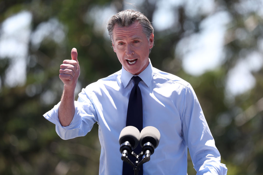 OAKLAND, CALIFORNIA - AUGUST 12: California Gov. Gavin Newsom speaks during a visit to Chabot Space & Science Center with U.S. Vice President Kamala Harris on August 12, 2022 in Oakland, California. Kamala Harris wrapped up a two day trip to Northern California with a tour of the Chabot Space & Science Center. (Photo by Justin Sullivan/Getty Images)