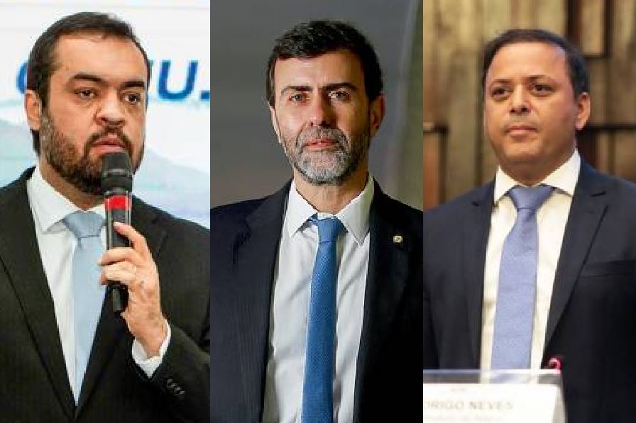 Castro, Freixo e Neves Os candidatos ao governo do Rio de Janeiro, Cláudio Castro (PL), Marcelo Freixo (PSB) e Rodrigo Neves (PDT)