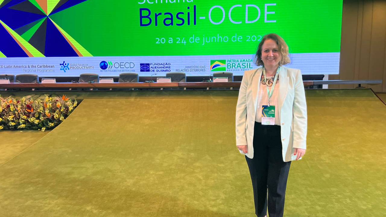 Melanie Hopkins durante lançamento do processo de acessão do Brasil à OCDE. 21/06/2022