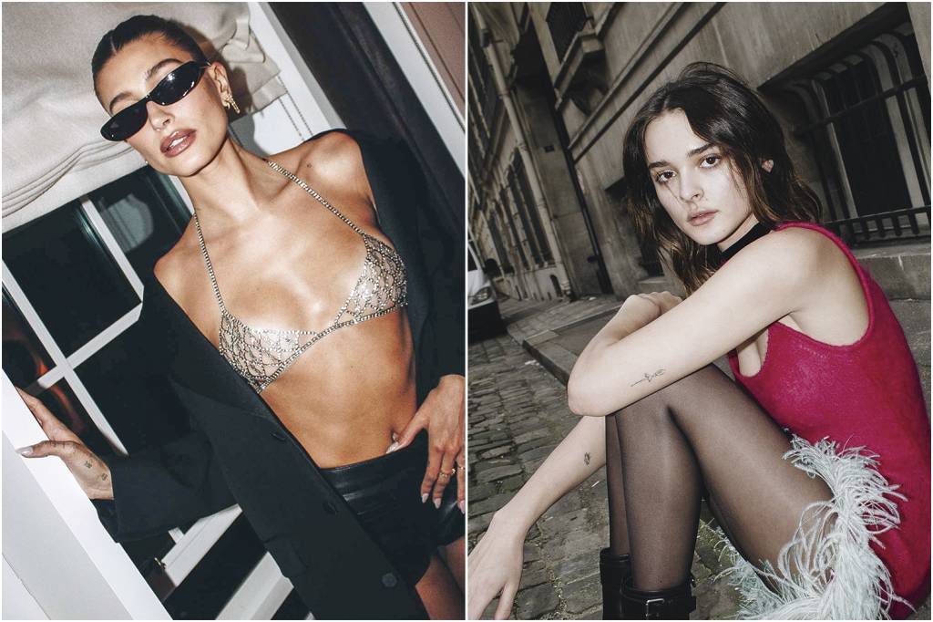 HALEY-BIEBER—INSTAGRAM-@HAILEYBIEBER-2022-9-3.jpg MISTURA - Produções de Hailey Bieber (à esq.) e Charlotte Lawrence: acessórios e visual chamativo -