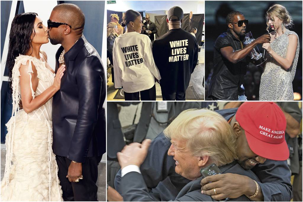 GettyImages-1205226267.jpg POLÊMICAS - Com a ex Kim Kardashian (à esq.); usando a camiseta com dizeres racistas (no alto, no centro); o ataque a Taylor Swift em 2009 (acima); e apoiando Donald Trump: uma metralhadora verbal sem limites -