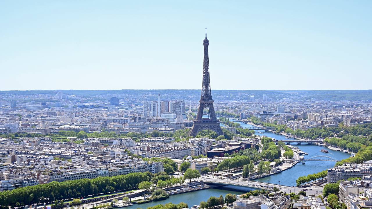 PARIS, FRANCE - JULY 11: A view of the Eiffel Tower from on-board a NH90 Caiman Helicopter during a French army aerial rehearsal parade before Bastille Day on July 11, 2022 in Paris, France. (Photo by Aurelien Meunier/Getty Images)