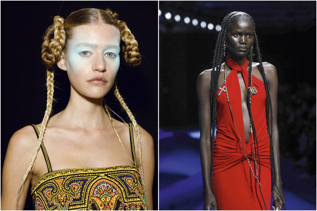 GettyImages-1426995011.jpg VERSÁTIL - Criações da Blumarine (à dir.) e da Etro: finas, múltiplas ou esculturais, ocuparam as passarelas -