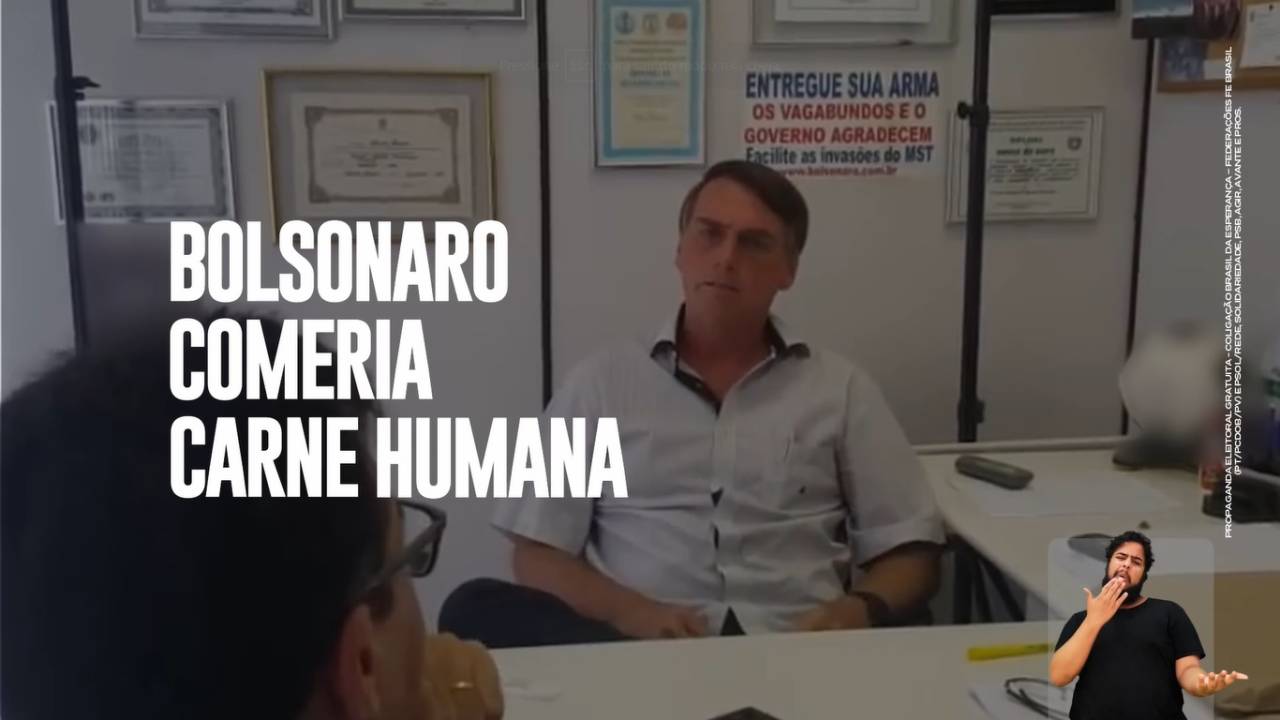 Cena de propaganda eleitoral da campanha de Lula neste segundo turno diz que "Bolsonaro comeria carne humana"