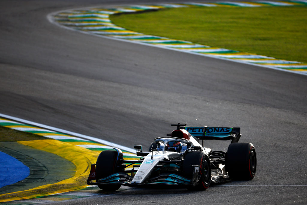 SAO PAULO, BRAZIL - NOVEMBER 12: George Russell of Great Britain driving the (63) Mercedes AMG Petronas F1 Team W13 on track during the Sprint ahead of the F1 Grand Prix of Brazil at Autodromo Jose Carlos Pace on November 12, 2022 in Sao Paulo, Brazil. (Photo by Jared C. Tilton/Getty Images)