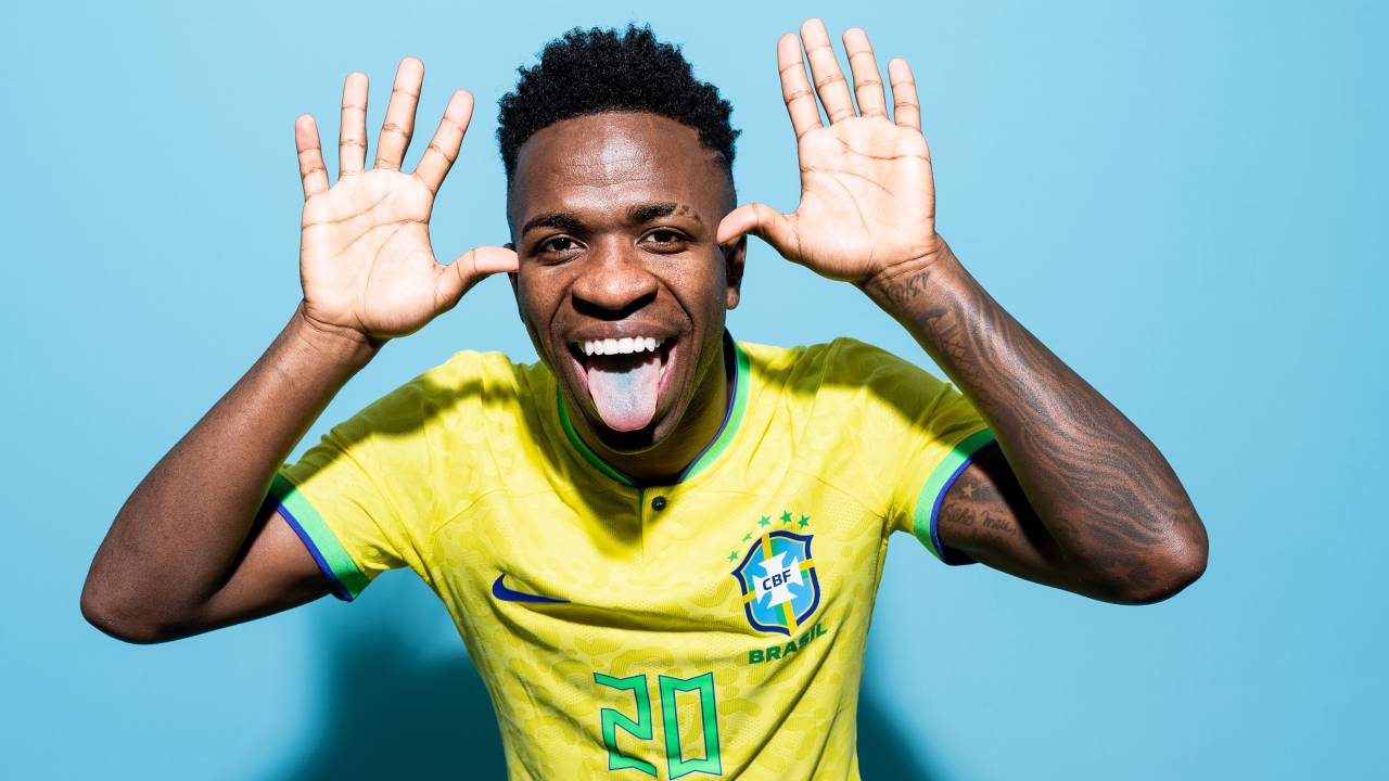 DOHA, QATAR - NOVEMBER 20: Vinicius Junior of Brazil poses during the official FIFA World Cup Qatar 2022 portrait session on November 20, 2022 in Doha, Qatar. (Photo by Buda Mendes - FIFA/FIFA via Getty Images)