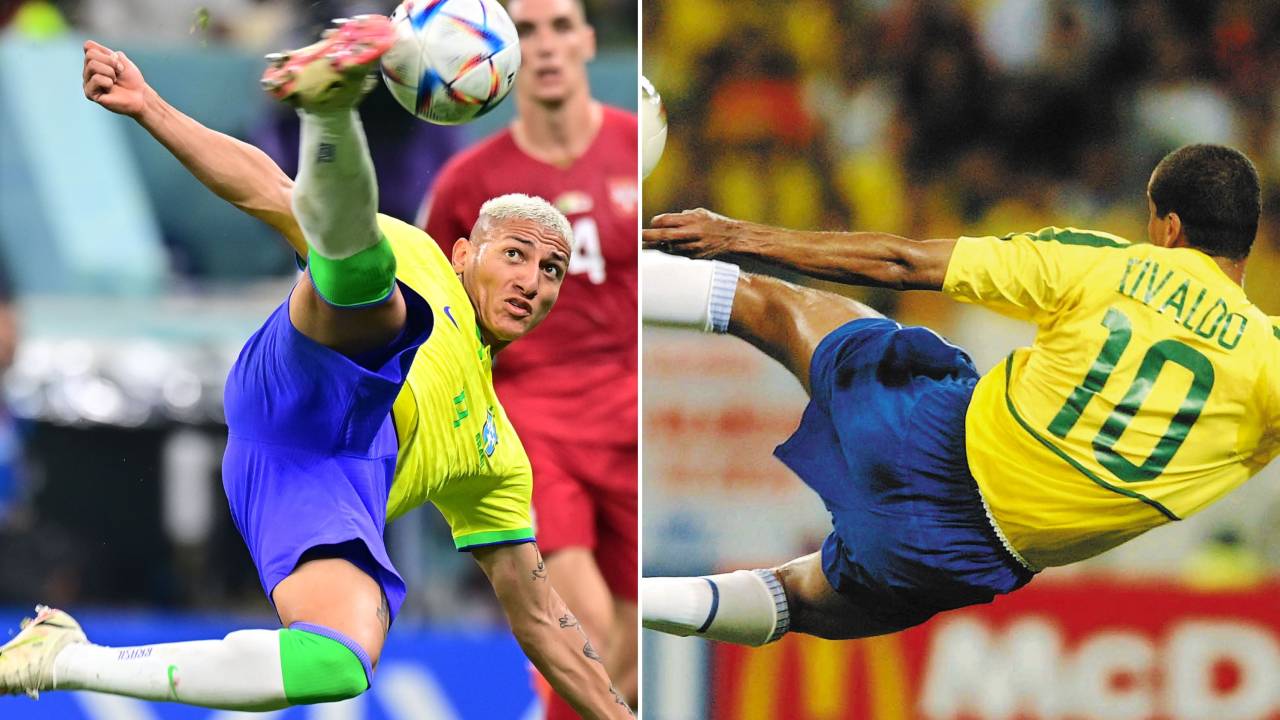 Richarlison, em 2022, e Rivaldo, em 2002 -