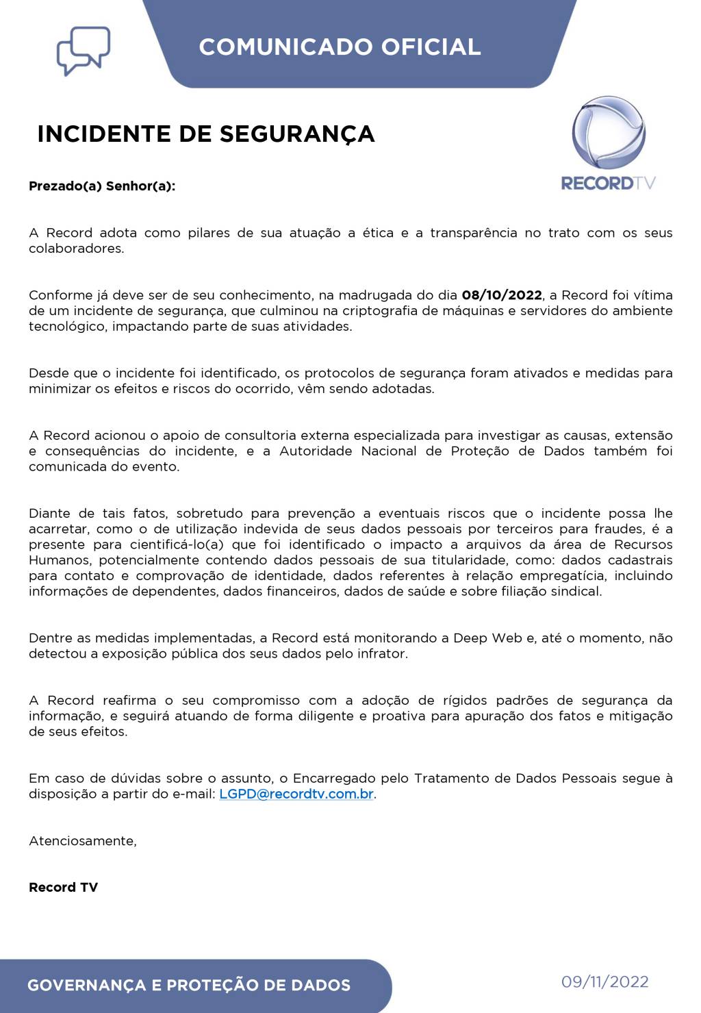 unnamed Comunicado enviado pela área de RH da Record a funcionários e ex-funcionários informando sobre o vazamento de informações pessoais após ataque hacker
