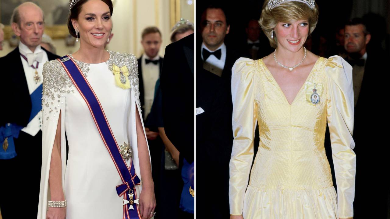 TIARA REAL - Brilho nos cabelos: a Lover’s Knot usada por Kate no primeiro banquete de gala oferecido pelo rei Charles era a preferida de Diana, que a ganhou da rainha -
