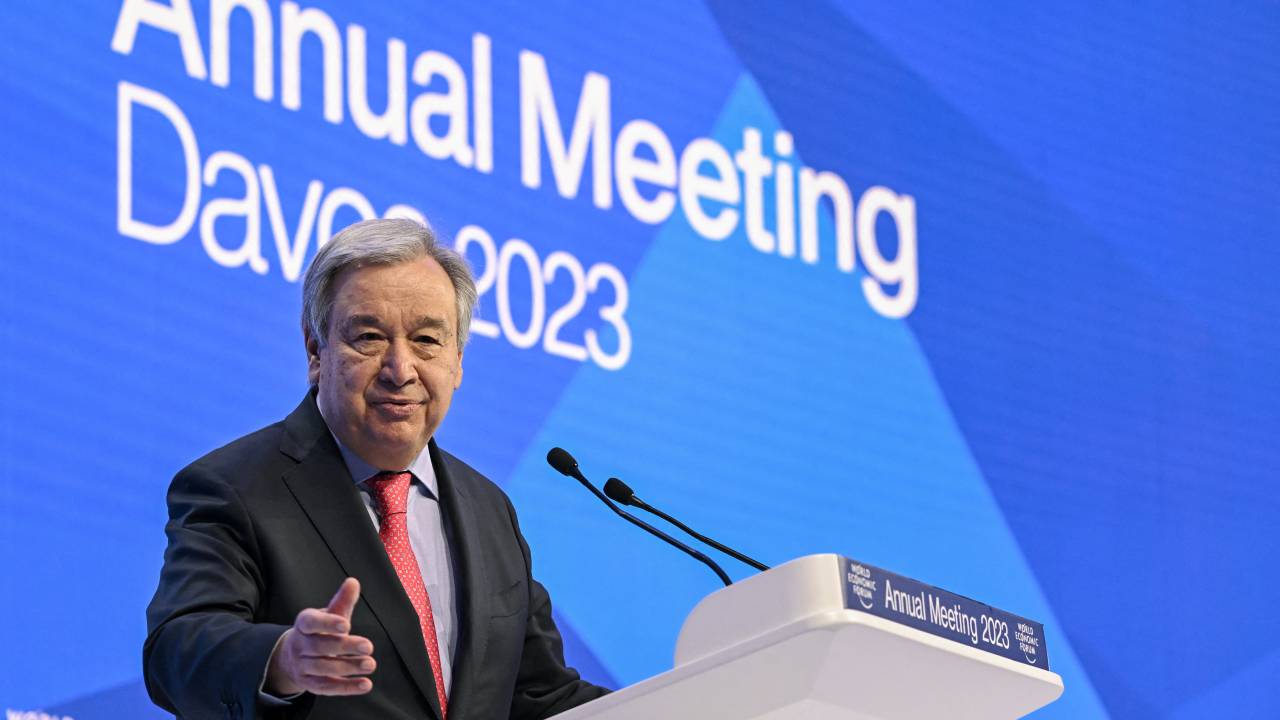 UN Secretary-General Antonio Guterres addresses a session of the World Economic Forum (WEF) annual meeting in Davos on January 18, 2023. (Photo by Fabrice COFFRINI / AFP)