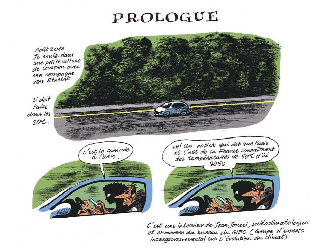 Detalhe da página inicial da HQ 'Le Monde Sans Fin', de Jean-Marc Jancovici e Christophe Blain,o livro mais vendido da França em 2022 -