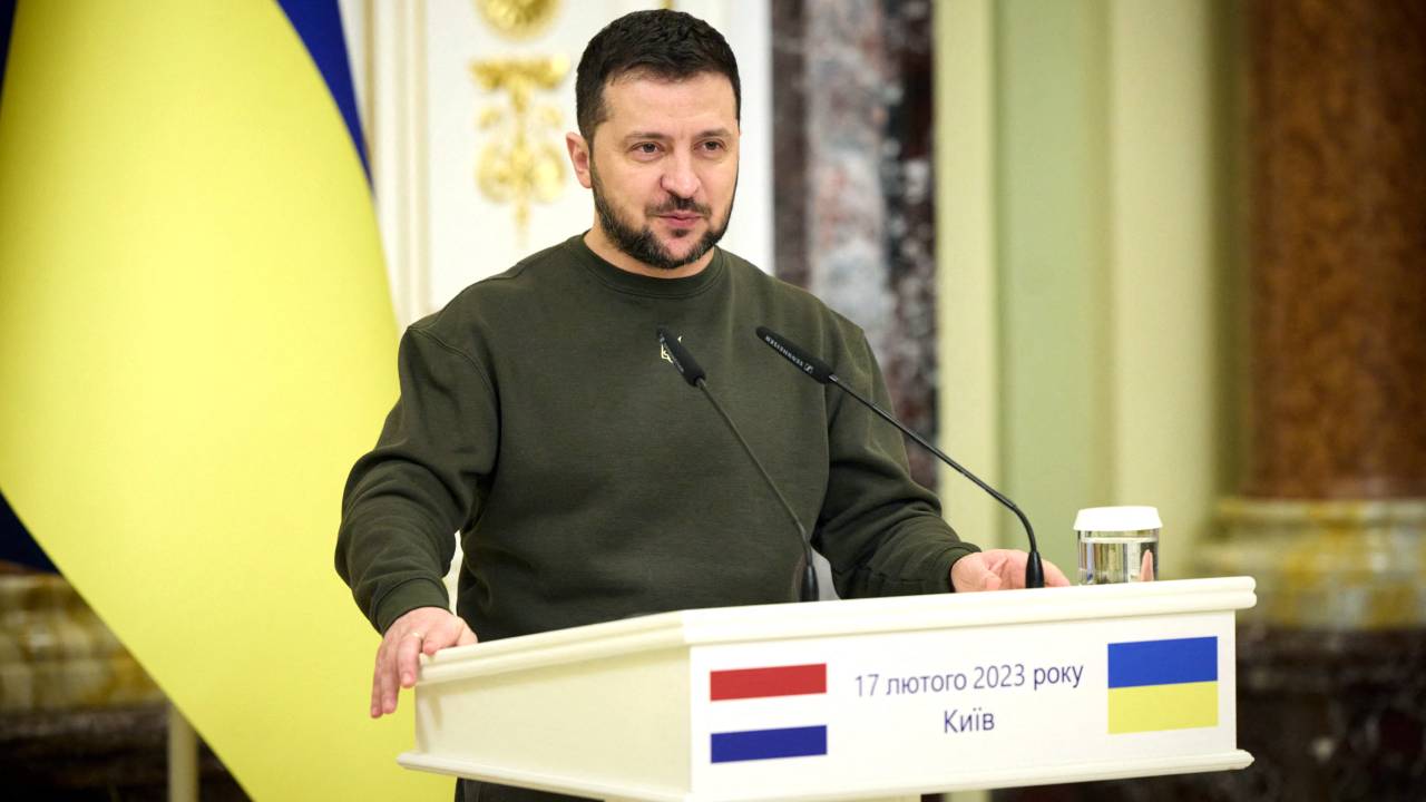 This handout picture taken and released by Ukrainian President press-service on February 17, 2023, shows Ukrainian President Volodymyr Zelensky speaking during a joint press conference with Prime Minister of the Netherlands in Kyiv.Handout / AFP