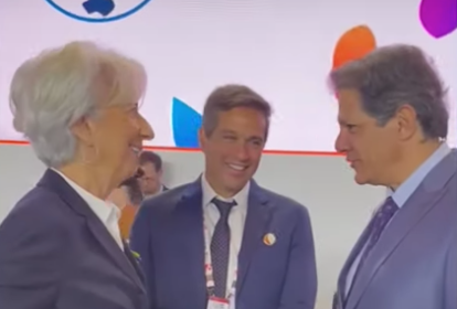 Christine Lagarde (chefe do Banco Central Europeu), Campos Neto (presidente do Banco Central do Brasil) e Fernando Haddad (ministro da Fazenda), durante a reunião do G20