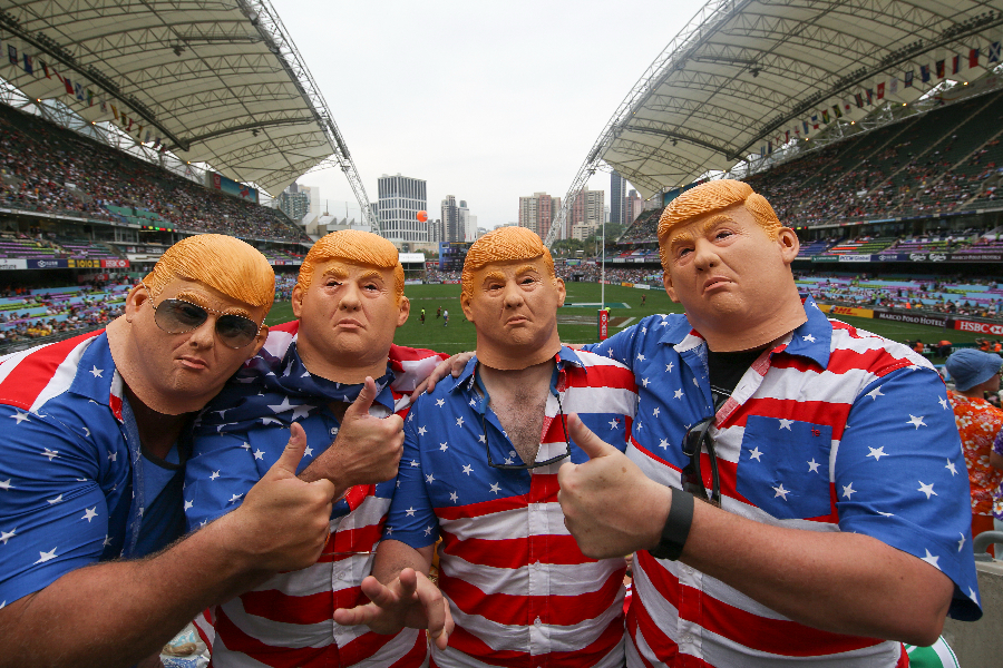 Fans dressed as Donald Trump?áin the South Stands at the Cathay Pacific/HSBC Hong Kong Sevens 2017 rugby tournament on April 07, 2017
