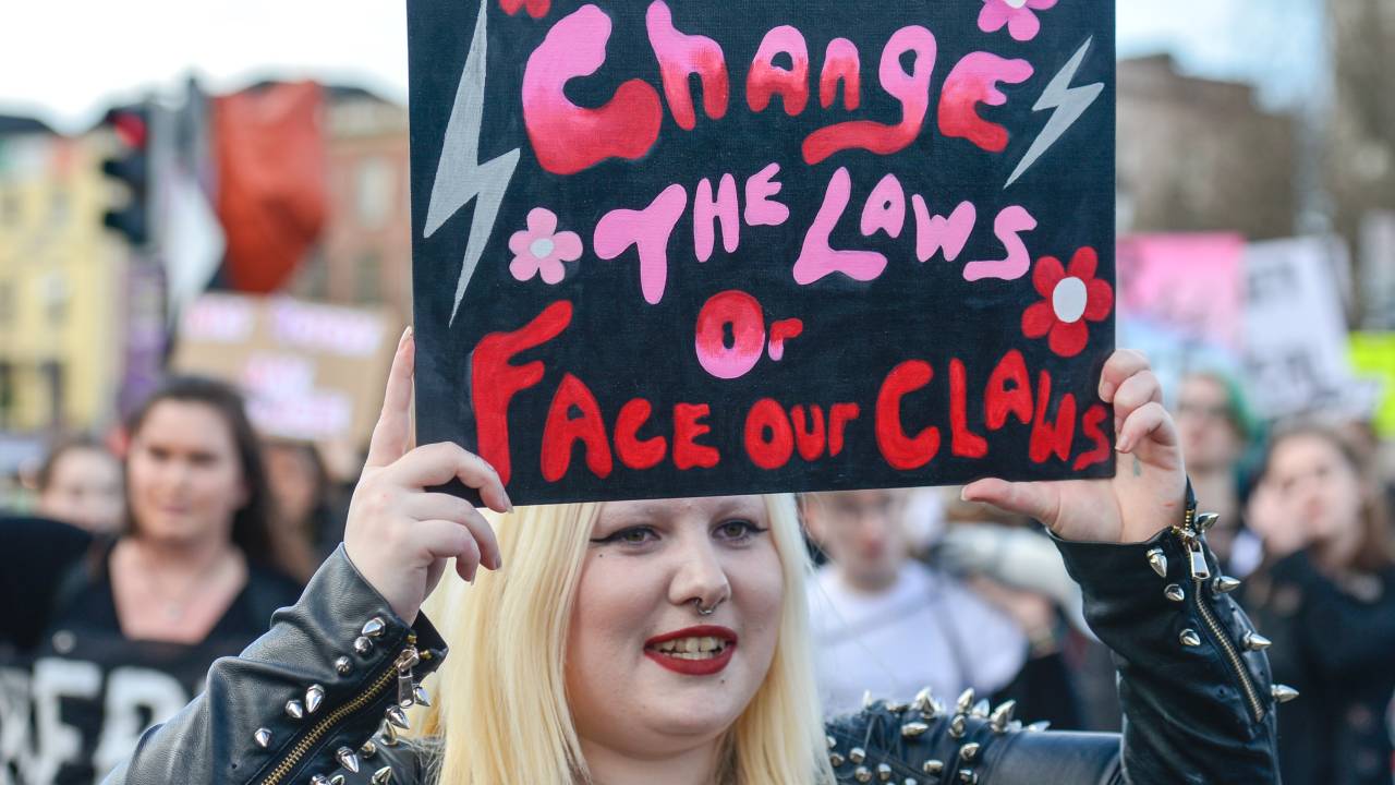 A protester during a Strike 4 Repeal campaign march held today in Dublin city center, to seek a referendum on repealing the eighth amendment. The Amendment to the 1937 Constitution, which was inserted in a referendum in 1983, asserts that the right to life of an unborn child is equal to that of its mother.On Wednesday, March 08, 2017, in Dublin, Ireland. (Photo by Artur Widak/NurPhoto via Getty Images)