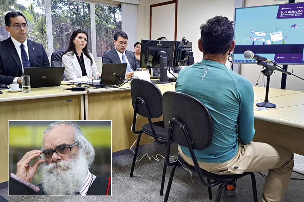 JULGAMENTO-CASO-DOM-E-BRUNO-2023-3.jpeg TRIBUNAL - Testemunha à frente do juiz em Tabatinga, e Américo Leal, que defendeu o assassino de Dorothy Stang: duelo de versões