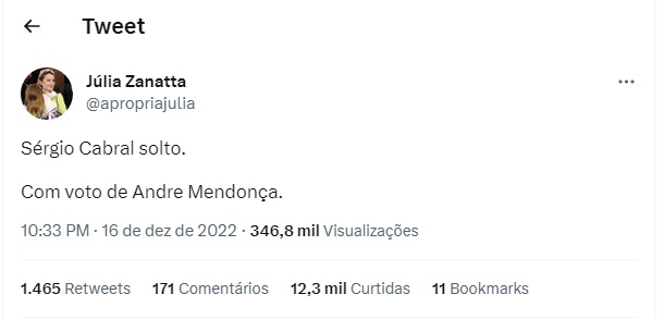 Publicação feita pela deputada Julia Zanatta no Twitter