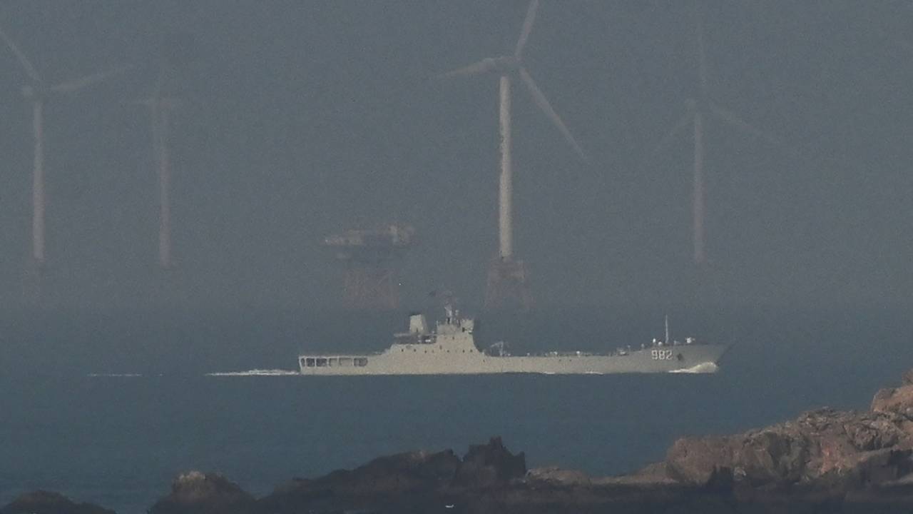 A PLA Navy landing ship sails towards the zone where China said it would conduct live fire exercises northeast of Pingtan island, the closest point in China to Taiwan, in Chinas southeast Fujian province on April 10, 2023. (Photo by GREG BAKER / AFP)