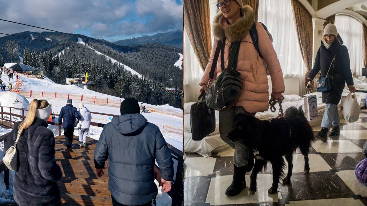 EM ATIVIDADE - Opostos: Resort em Bukovel, ao sul de Kiev (à esq.), e refugiados em hotel de Lviv