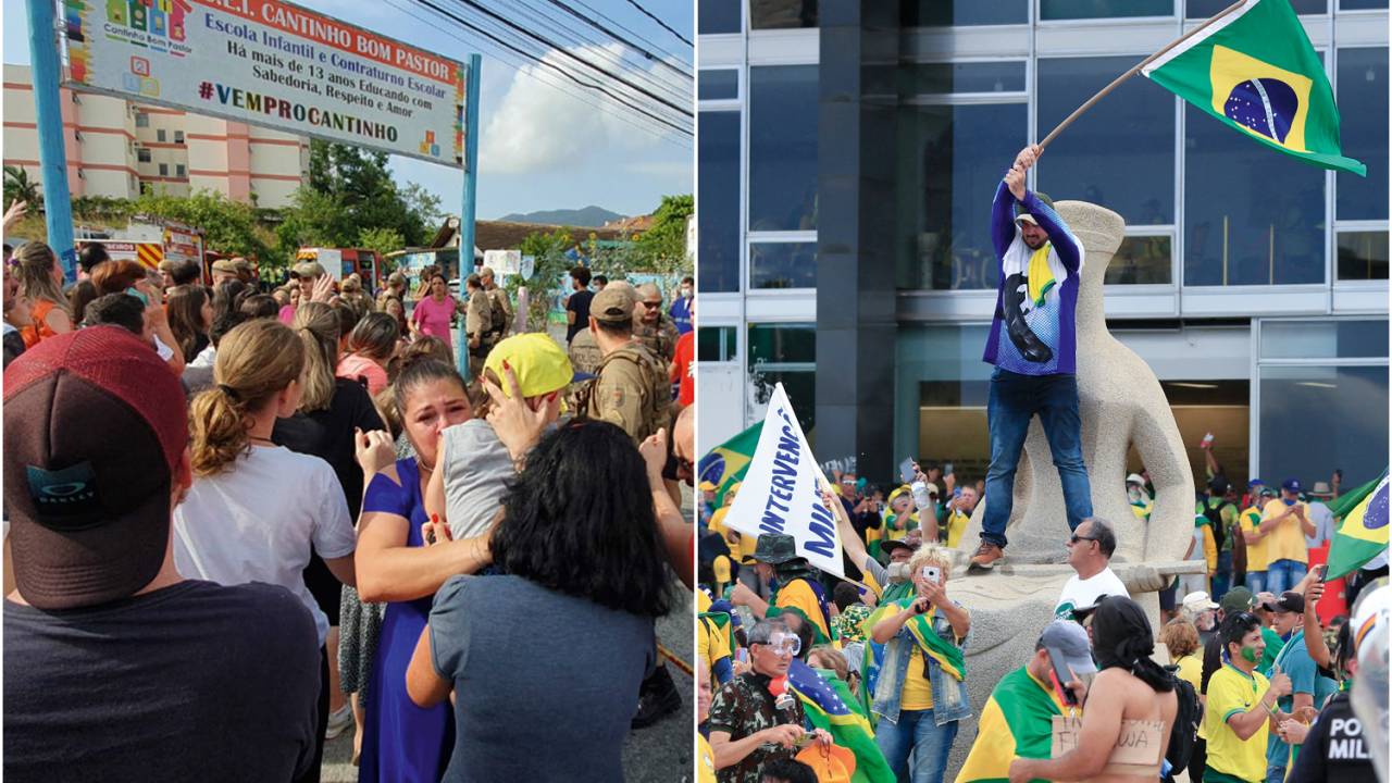 EFEITO NEFASTO - Ataque em escola de Santa Catarina e o 8 de Janeiro (à esq.): atos influenciados pelas redes sociais