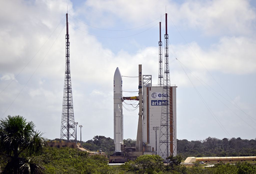KOUROU, FRANCE GUIANA - APRIL 12 : Visit of King Philippe and Prince Gabriel of Belgium to the Guiana Space Centre (Kourou, French Guiana) Day 2 : Visit of the launching site Ariane 5 & lanceur Ariane 5 (ECA) & briefing mission JUICE in the Jupiter II control room & TANGARA observation site & encounter with the Belgian enterprises and the Belgian scientific community & visit of the payload preparation complex (EPCU S5) & visit of the 3 REI (troisième Régiment Etranger d'Infanterie) on 12, 2023 in Kourou, France Guiana, 12/04/2023 ( Photo by Eric Lalmand / Pool / Photonews via Getty Images)