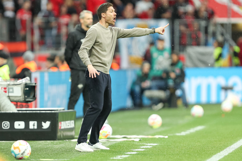 head coach Xabi Alonso of Bayer 04 Leverkusen gestures during the Bundesliga match between Bayer 04 Leverkusen and RB Leipzig at BayArena on April 23, 2023 in Leverkusen, Germany. (Photo by Oliver Kaelke/DeFodi Images via Getty Images)