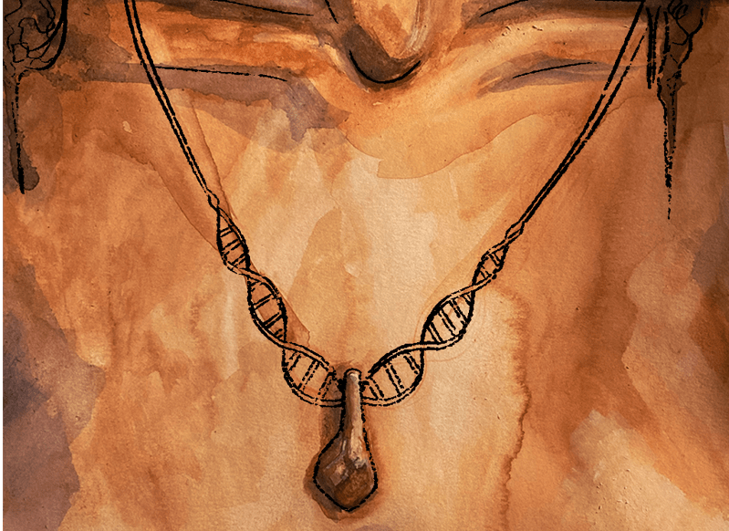 Impressão artística de mulher pré-histórica utilizando pingente ancestral