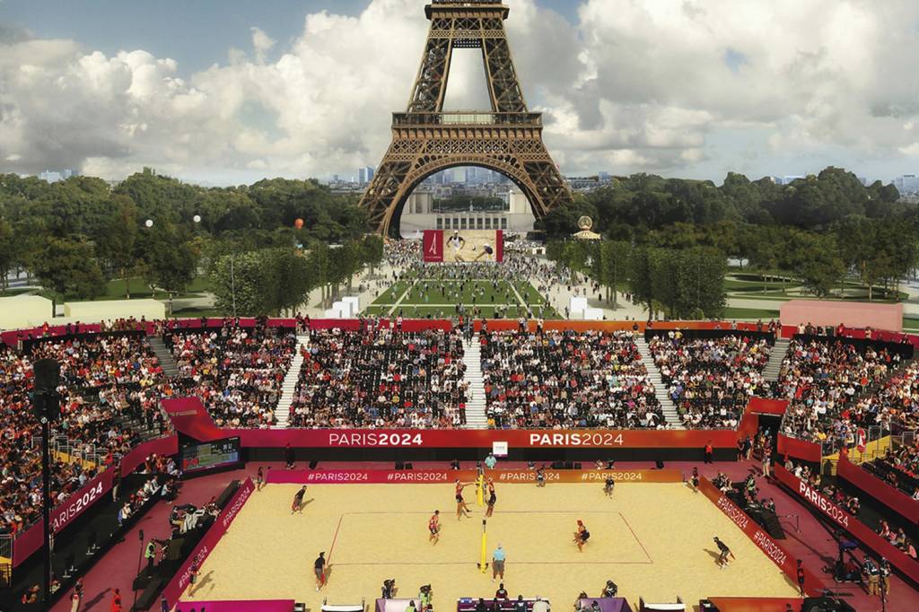 TORRE-EIFFEL-PROJETO-VOLEI-DE-PRAIA-PARIS-2024-01.jpg VOLTA ÀS ORIGENS - A torre (dourada, em ilustração): palco do vôlei de praia