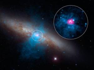 UltraluminousXraySourceM82X-2IsideMessier82-642×482 A fonte ultra luminosa de raios-X chamada M82 X-2 é mostrada dentro da galáxia Messier 82. A imagem foi colorida digitalmente -