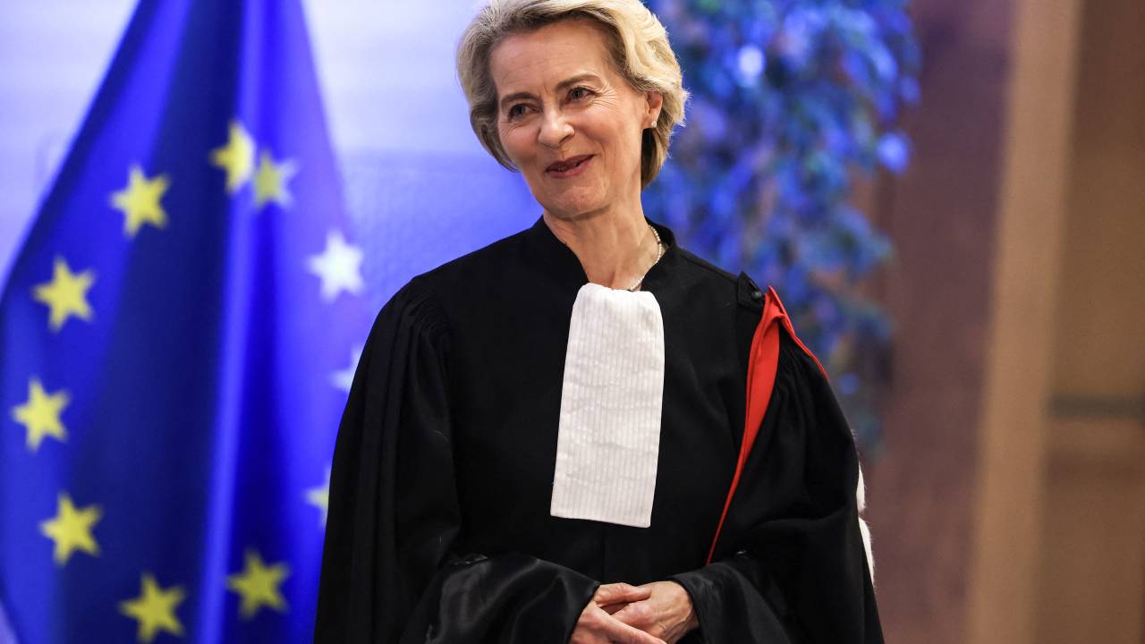 President of the European Commission Ursula von der Leyen reacts as she receives the title of Doctor Honoris Causa at the "Toulouse Capitole" university in Toulouse, southwestern France, on June 9, 2023. (Photo by Charly TRIBALLEAU / AFP)