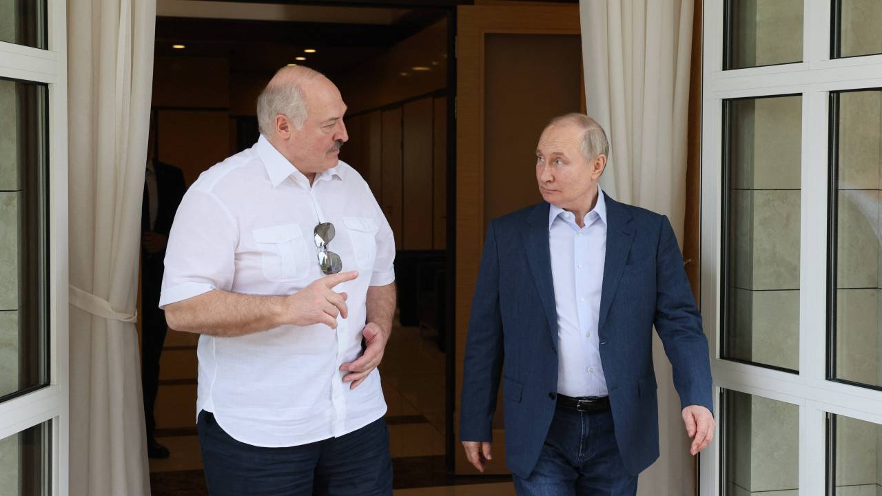 Russian President Vladimir Putin meets with his Belarus' counterpart Alexander Lukashenko in Sochi on June 9, 2023. (Photo by Gavriil GRIGOROV / SPUTNIK / AFP)