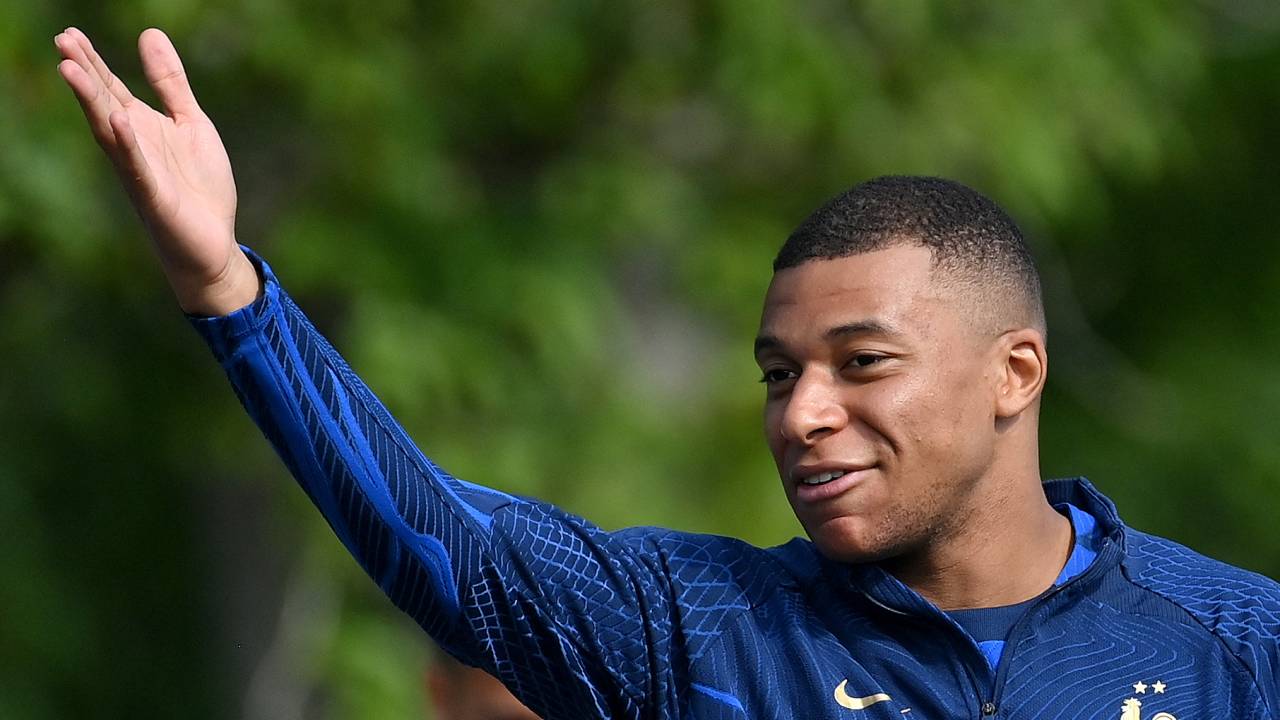 France's forward Kylian Mbappe gestures before a training session ahead of the upcoming UEFA Euro 2024 football tournament qualifying matches in Clairefontaine-en-Yvelines, on June 12, 2023. France will play against Gibraltar on June 16, 2023 and against Greece on June 19, 2023 in their UEFA Euro 2024 Group B Qualification matches. (Photo by FRANCK FIFE / AFP)