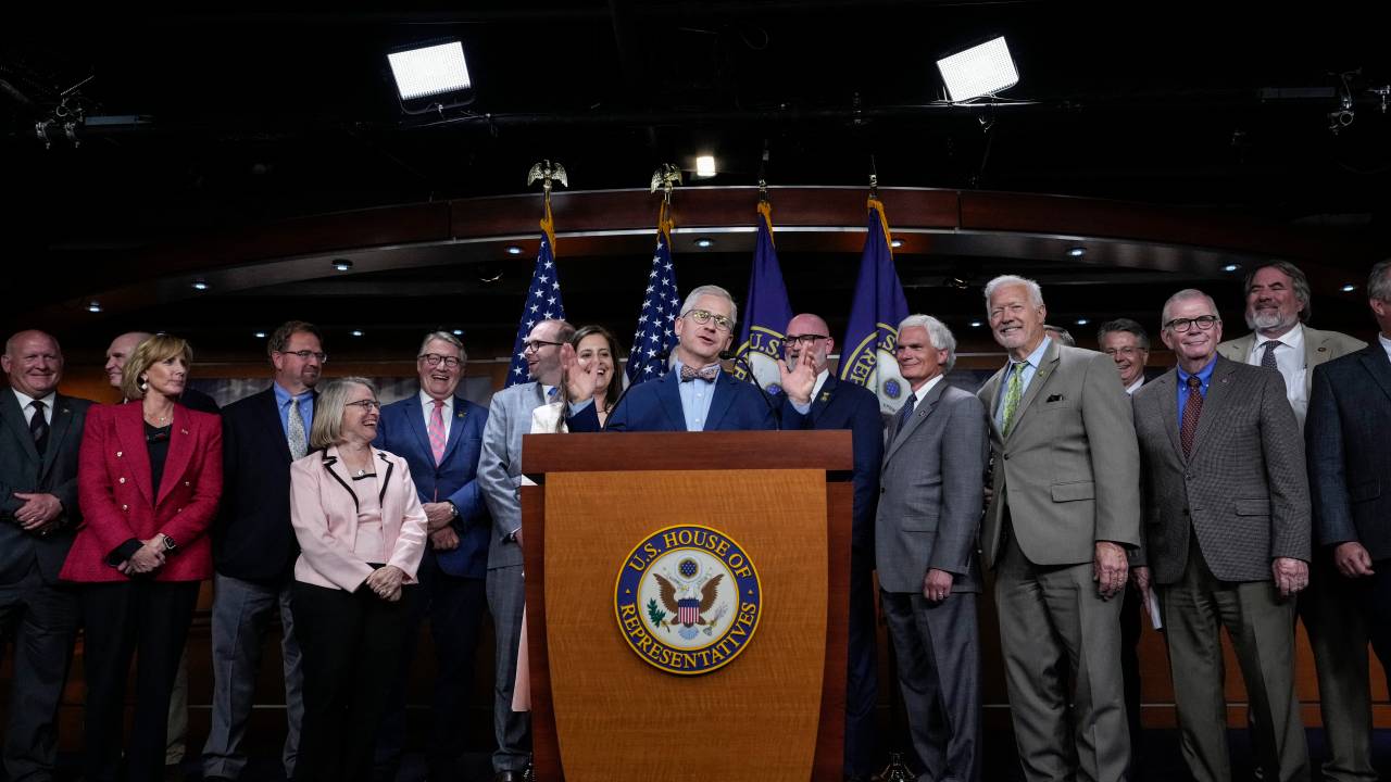 WASHINGTON, DC - MAY 30: Surrounded by House Republicans, Rep. Patrick McHenry (R-NC) speaks during a news conference after a House Republican Caucus meeting at the Capitol on May 30, 2023 in Washington, DC. A vote on the Fiscal Responsibility Act is expected on Wednesday evening in the House. The legislation is the result of a bipartisan debt ceiling deal that has been agreed to between U.S. President Joe Biden and Speaker of the House Kevin McCarthy (R-CA). Drew Angerer/Getty Images/AFP (Photo by Drew Angerer / GETTY IMAGES NORTH AMERICA / Getty Images via AFP)