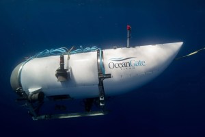 O submersível Titan, da OceanGate Expeditions, que desapareceu no mar do Atlântico Norte no domingo, dia 18 de junho