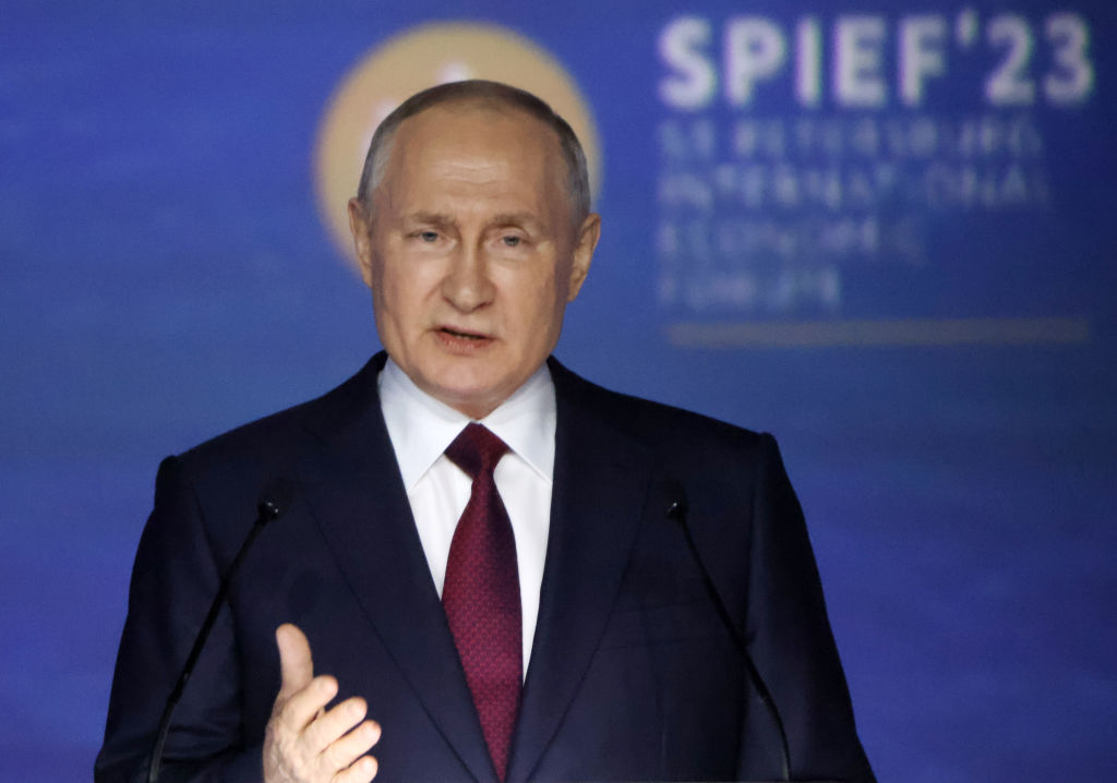 SAINT PETERSBURG, RUSSIA - JUNE 16: (RUSSIA OUT) Russian President Vladimir Putin speaks at the SPIEF 2023 St.Petersburg International Economic Forum on June 16, 2023 in Saint Petersburg, Russia. Main Russian annual economic forum is marking its 26th anniversary this year. (Photo by Contributor/Getty Images)