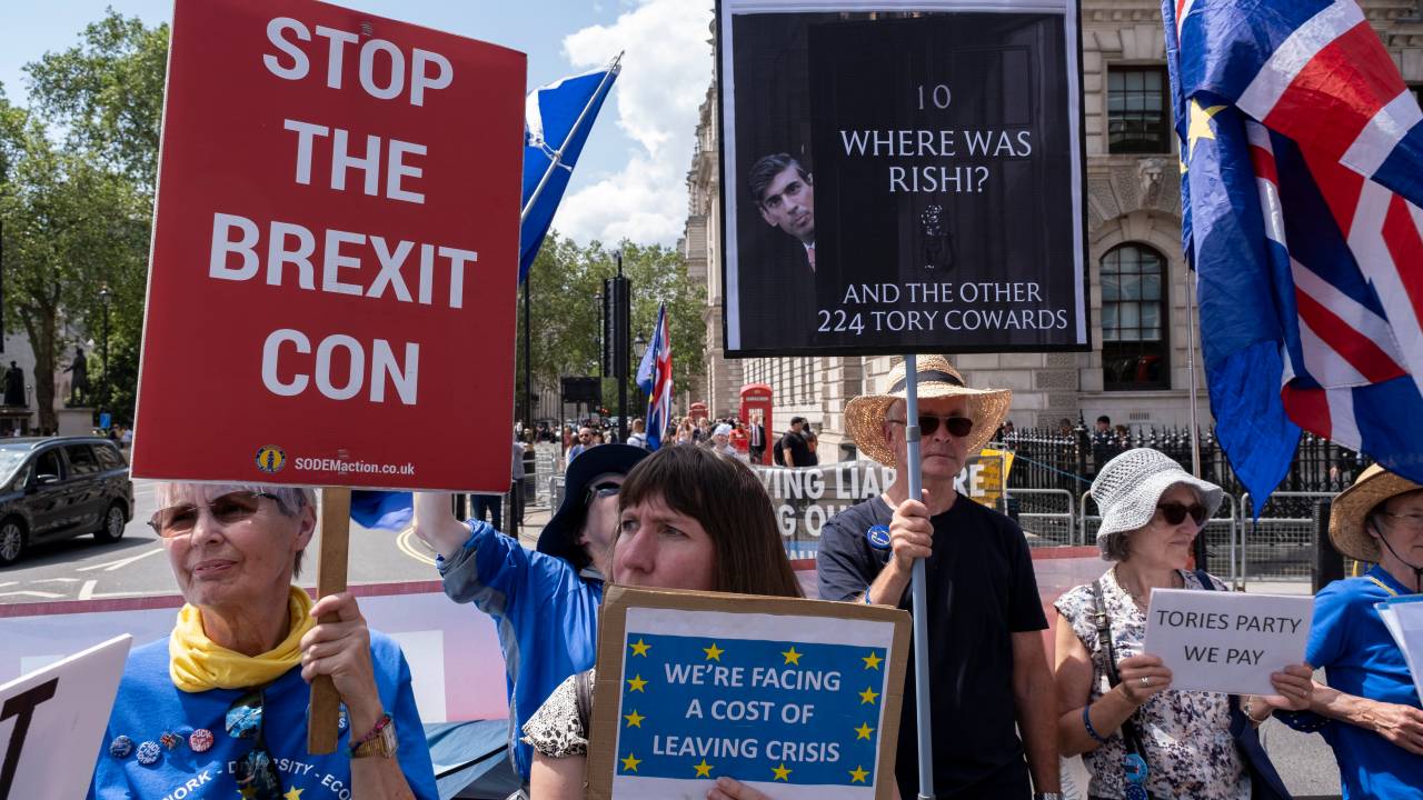 Anti-Brexit protesters continue their campaign against Brexit and the Conservative government in Westminster with a placard which asks where was Rishi Sunak for the privileges committee vote on 21st June 2023 in London, United Kingdom. This group of protesters gather every Wednesday outside parliament for the weekly PMQs. (photo by Mike Kemp/In Pictures via Getty Images)